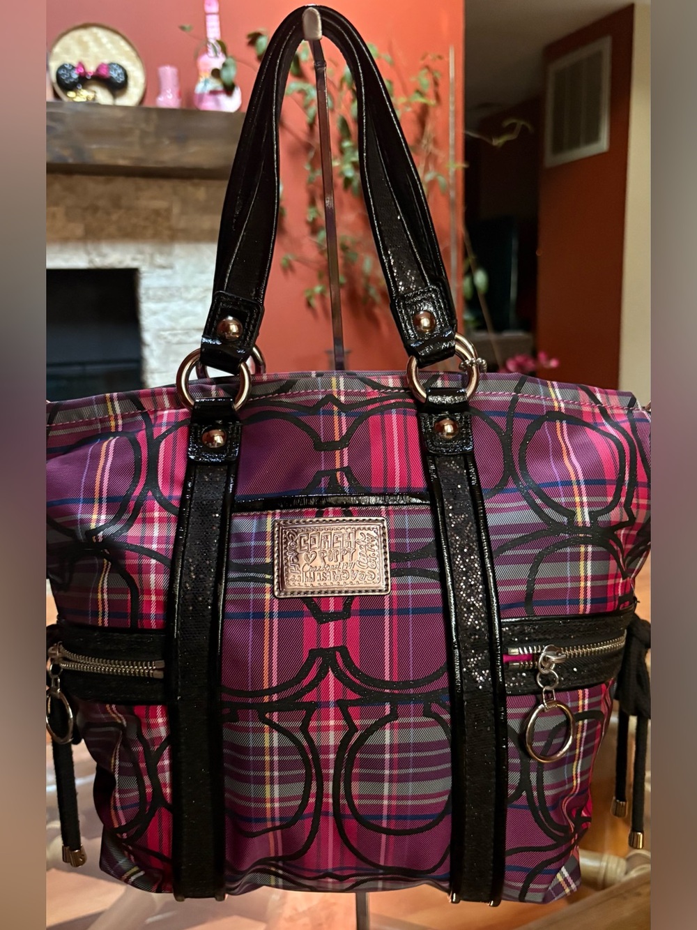 Coach Poppy Pink Plaid Tote Bag with Black Trim 2 Charms Included Like New - Picture 3 of 9